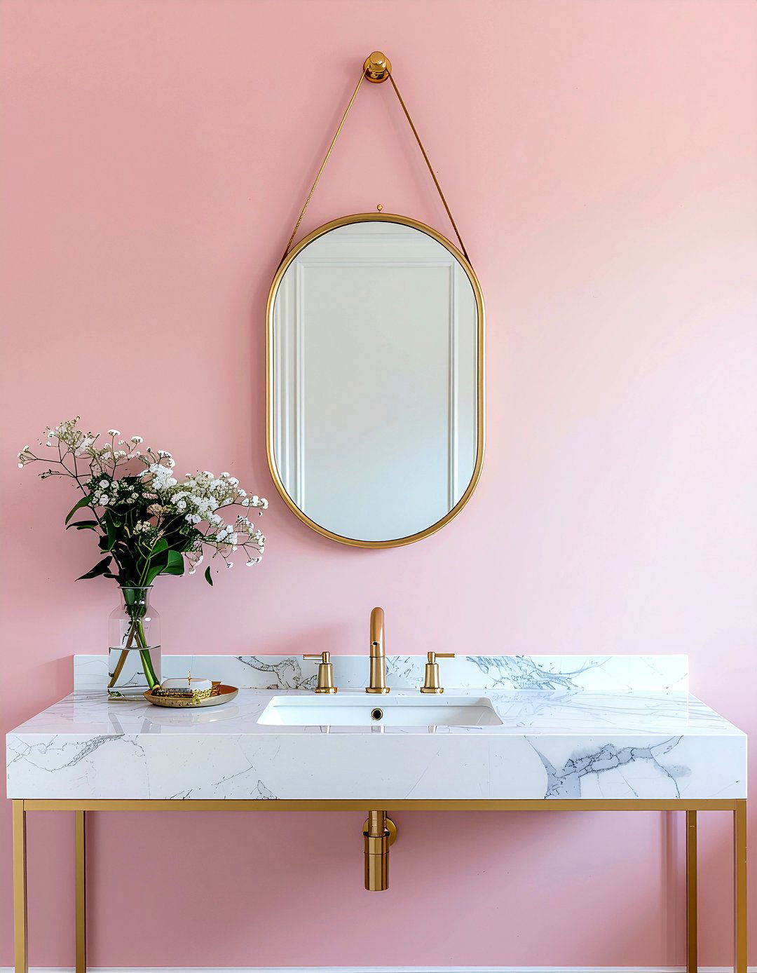 Gold Frame Mirror - 30 millennial pink bathroom ideas