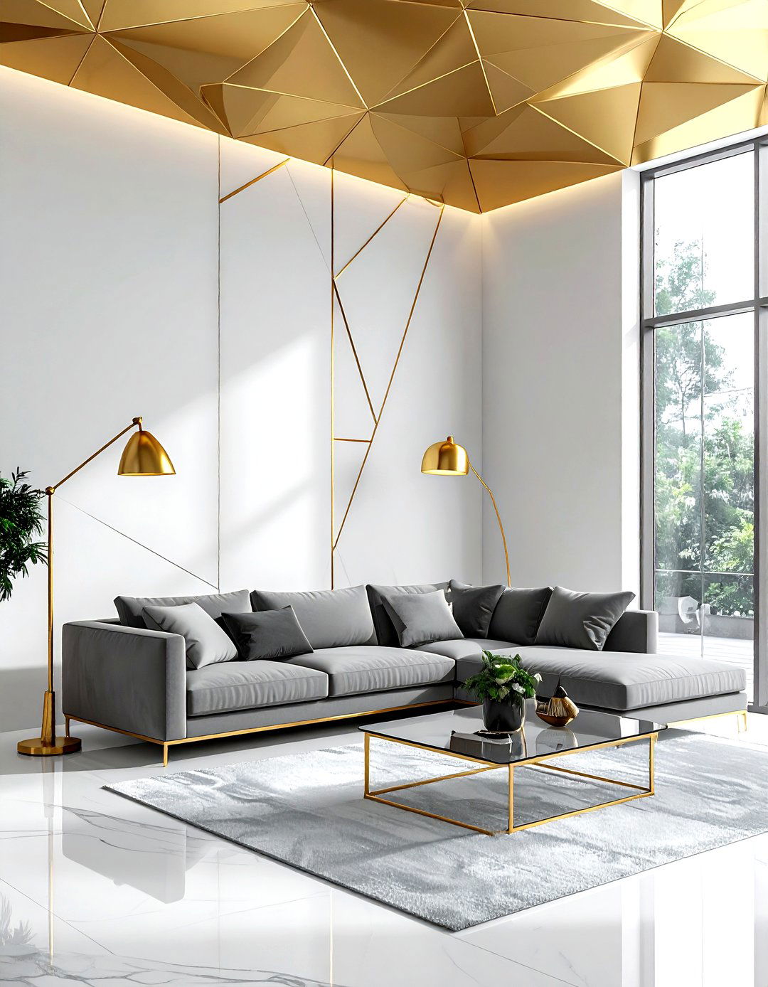 Gold Geometric Ceiling - 30 living room wallpapered ceiling ideas