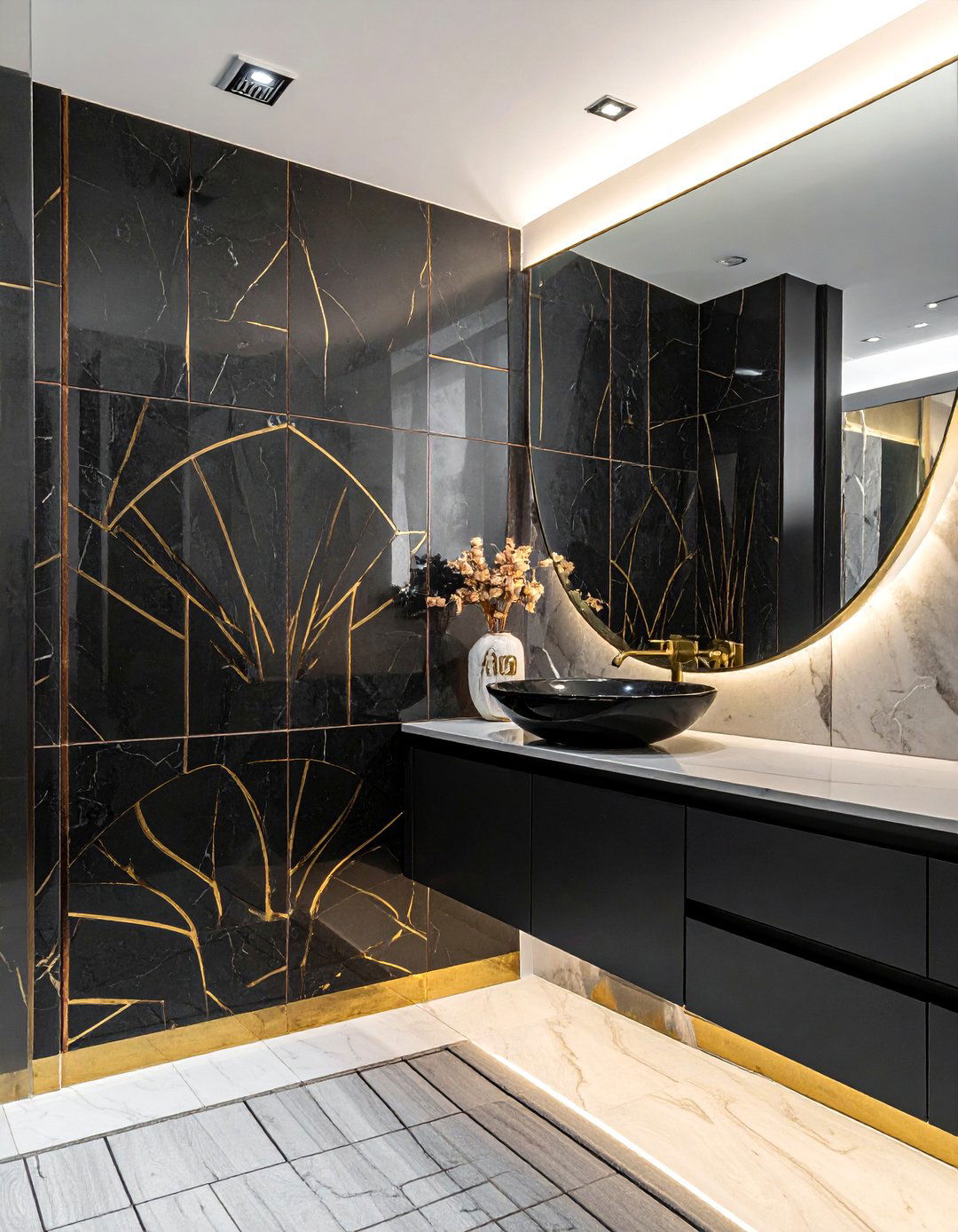 Gold Grout Fan Tile Bathroom - 30 fan tile bathroom ideas