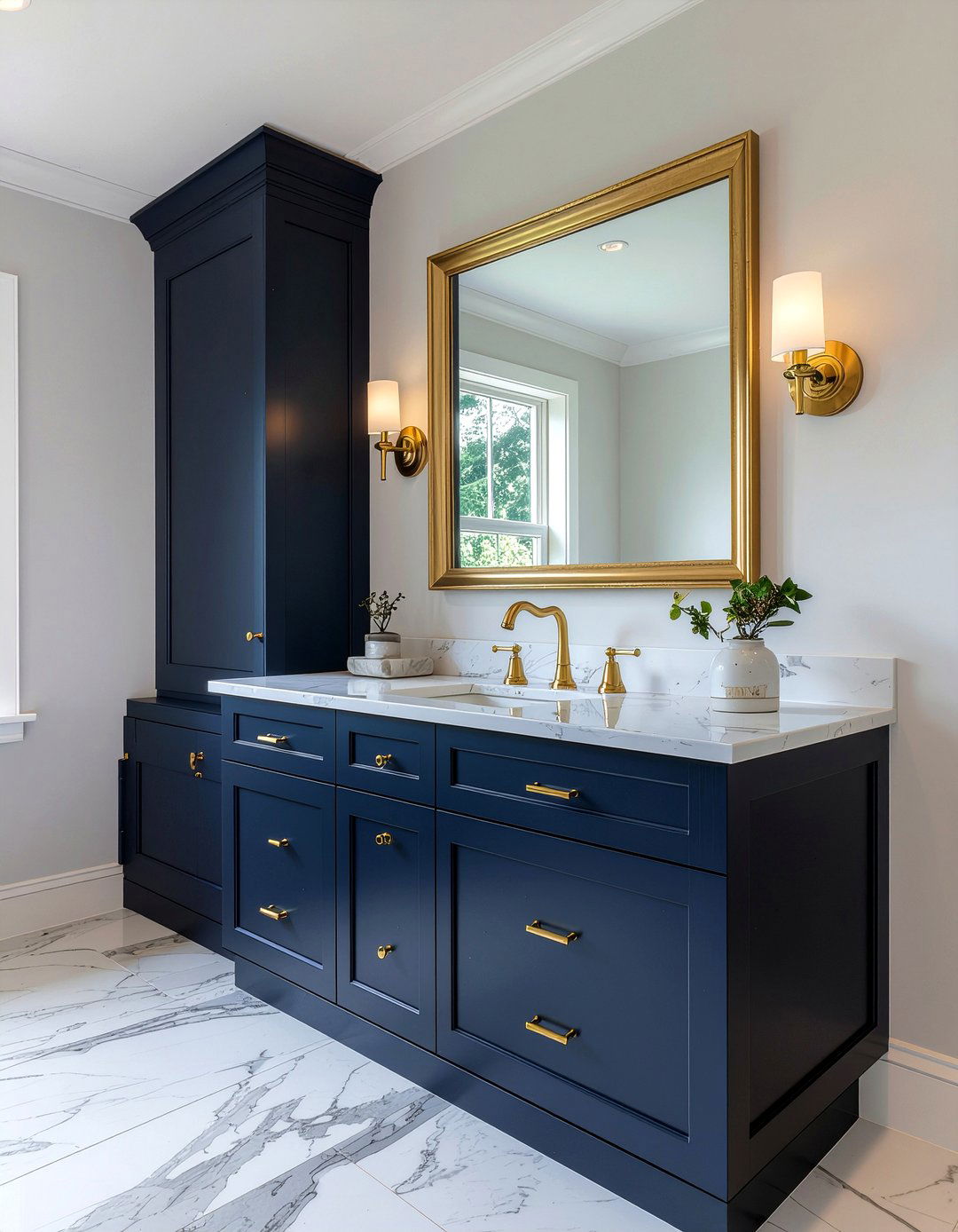 Gold Hardware And Navy Cabinet - 30 bathroom finish mixing ideas