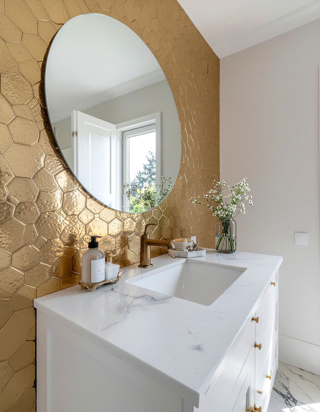Gold Hexagon Tile - 30 bathroom focal wall ideas
