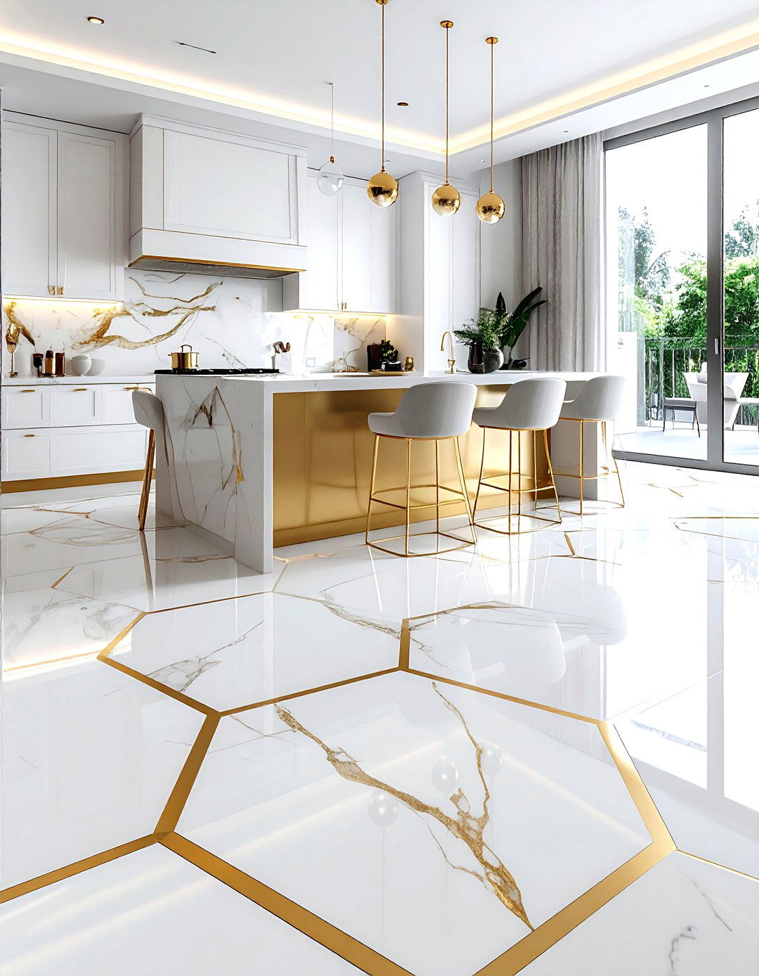 Gold Inlay Hexagon Floor - 30 hexagon floor kitchen ideas