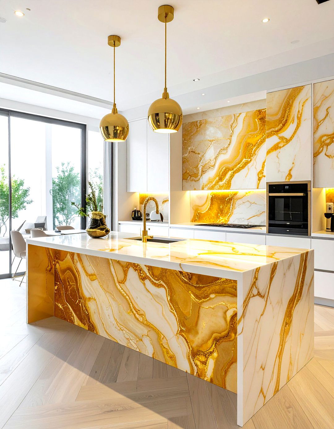 Gold Marble Waterfall Island - 30 waterfall kitchen island ideas