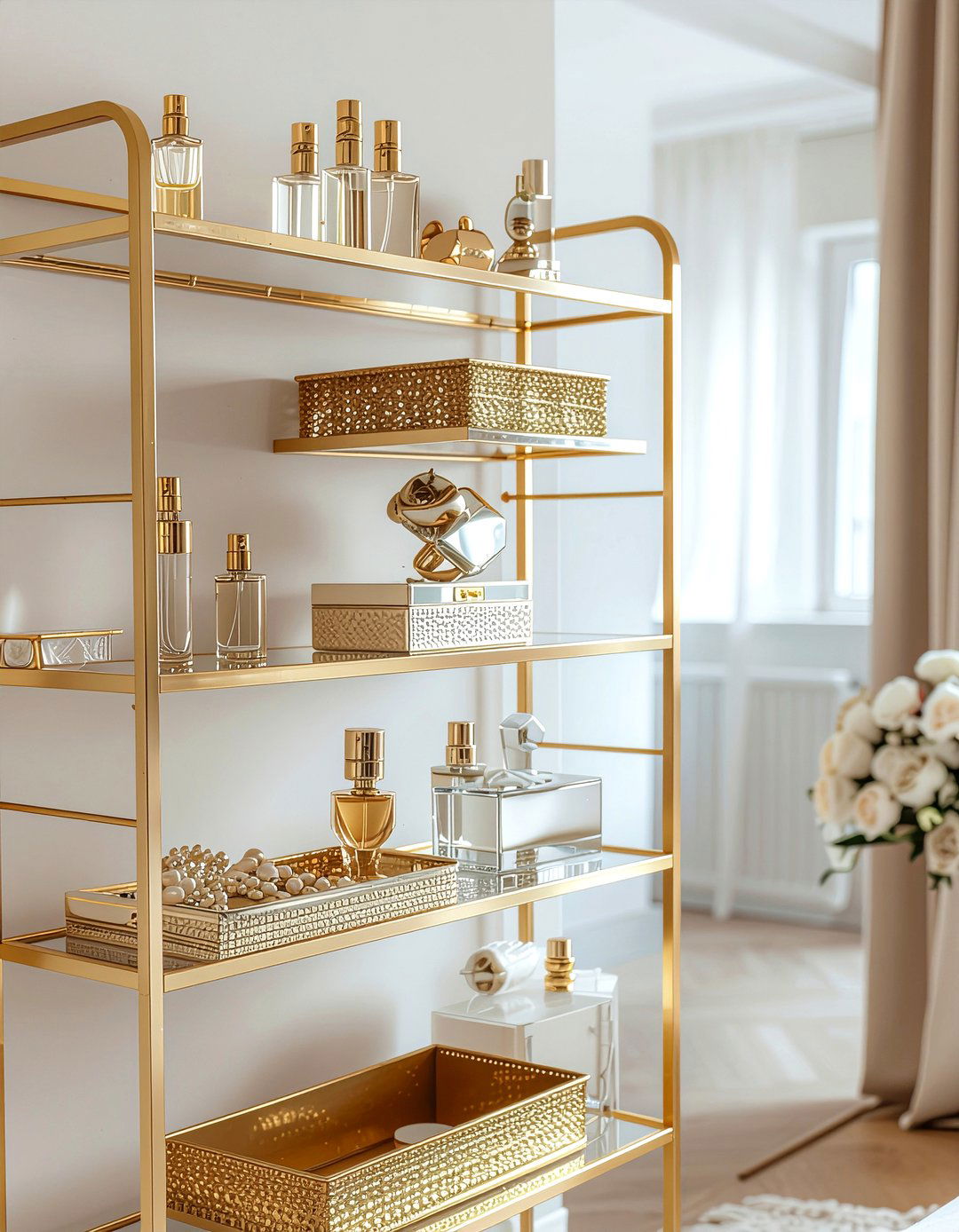 Gold Metal Shelves - 30 bedroom wall shelving ideas