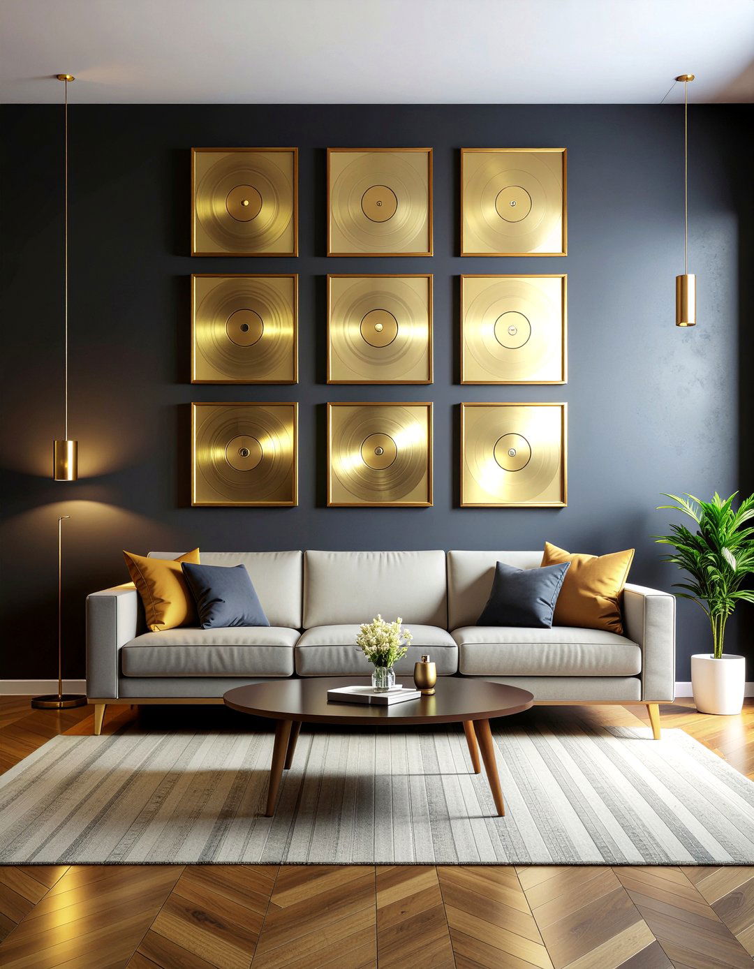 Gold Record Wall - 30 music themed living room ideas