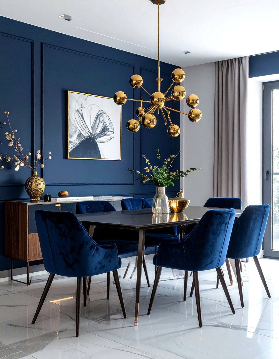 Gold Sputnik Chandelier Navy Walls - 30 navy gold dining room ideas