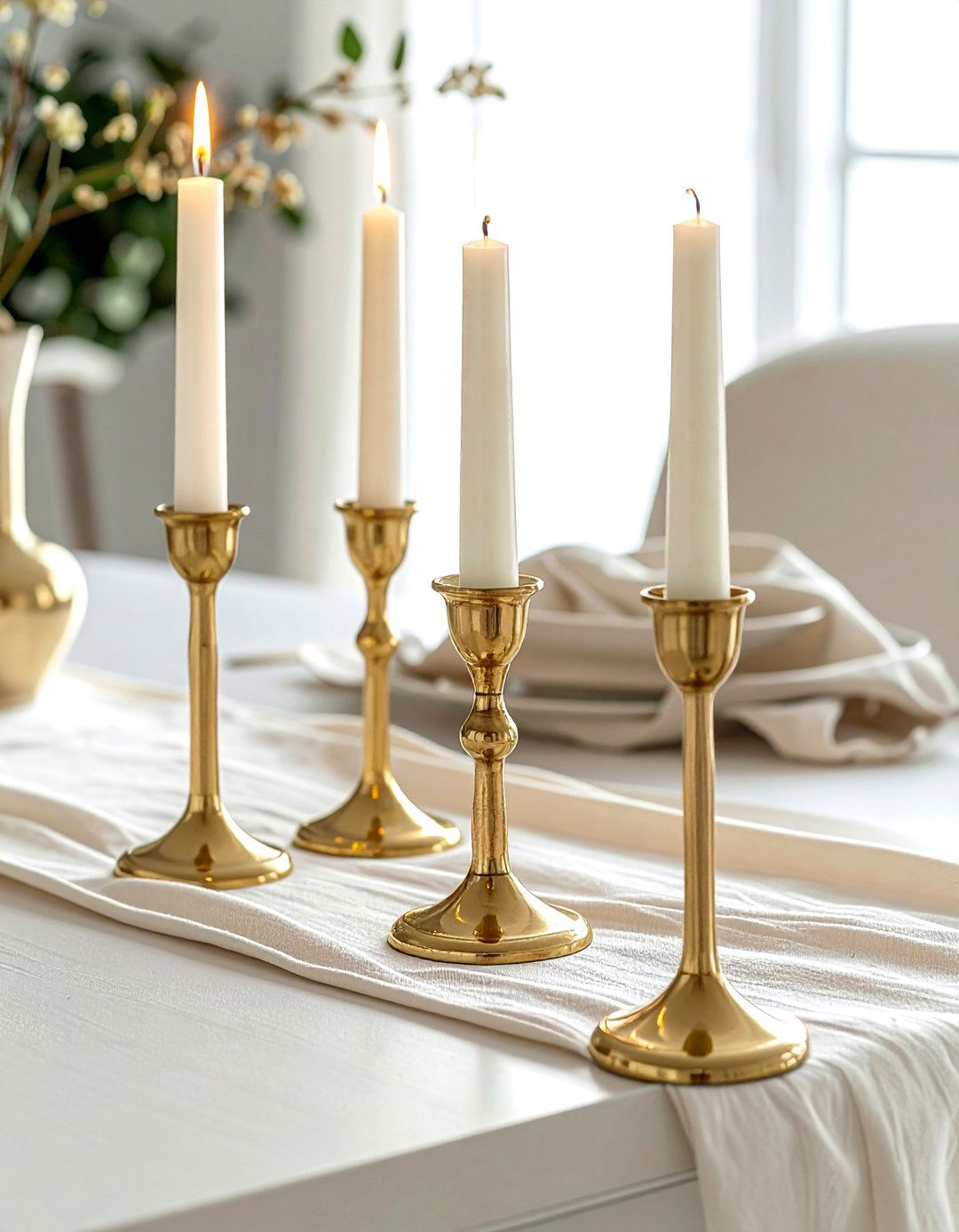Gold Taper Candle Holder - 30 warm neutral dining room ideas