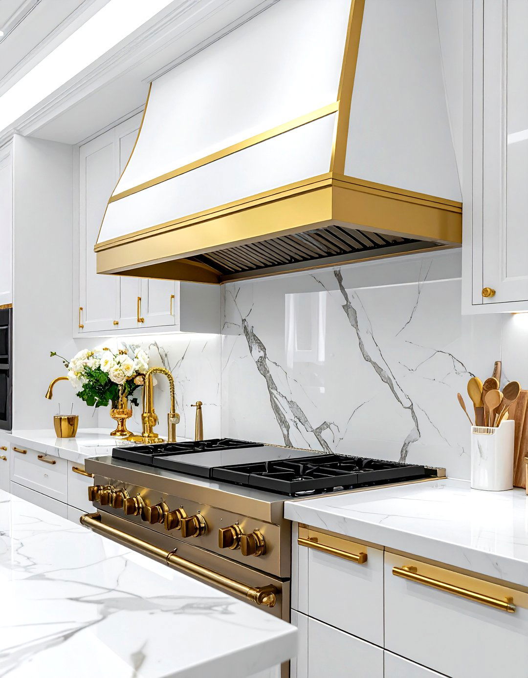 Gold Trimmed Hood - 30 wall-mount hood kitchen ideas