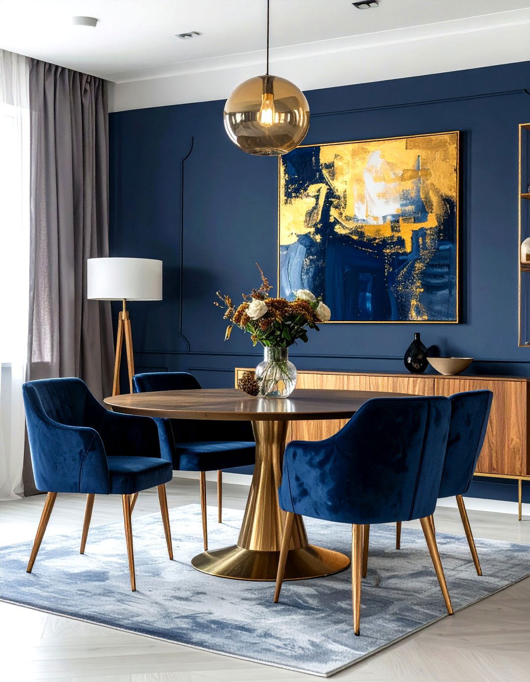 Gold abstract art navy dining room - 30 navy and gold dining room ideas