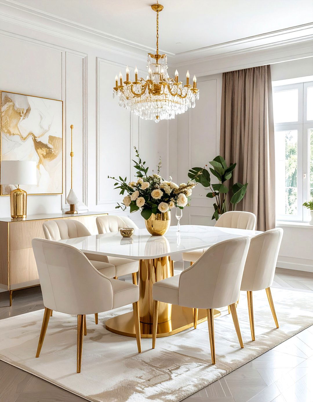 Gold accent cream and white dining room - 30 cream and white dining room ideas