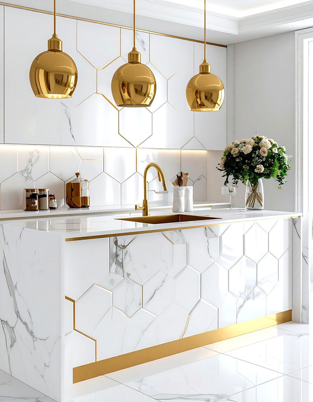 Gold accent hexagon tile - 30 hexagon tile kitchen backsplash ideas