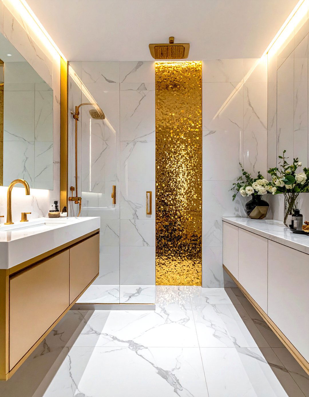 Gold accent mosaic tile - 30 small tile bathroom ideas