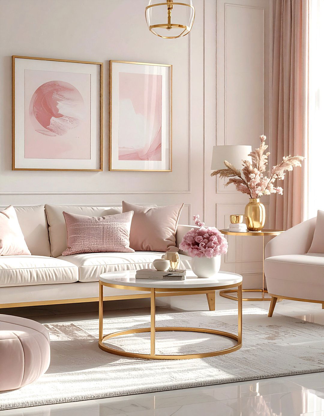 Gold accents in living room - 30 blush and white living room ideas
