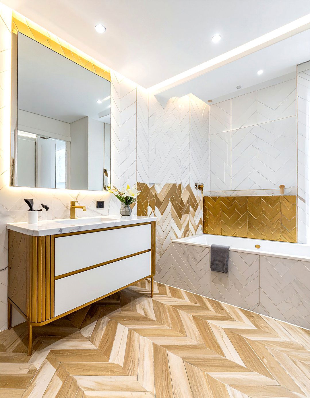 Gold and white chevron mosaic - 30 chevron pattern bathroom ideas
