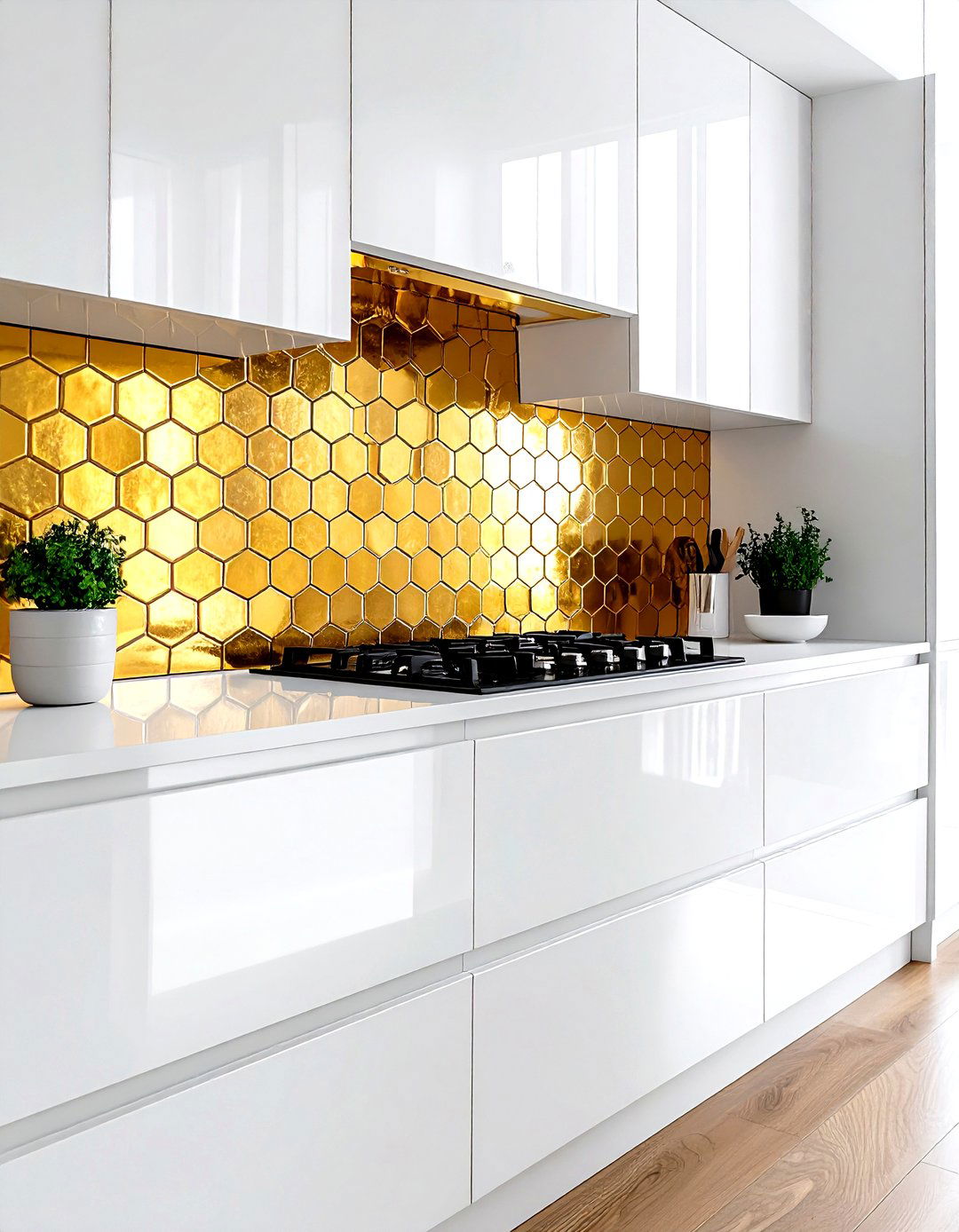 Gold backsplash tiles - 30 gold kitchen decor ideas