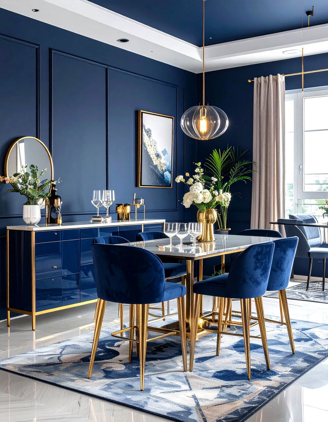 Gold bar cart navy dining room - 30 navy and gold dining room ideas