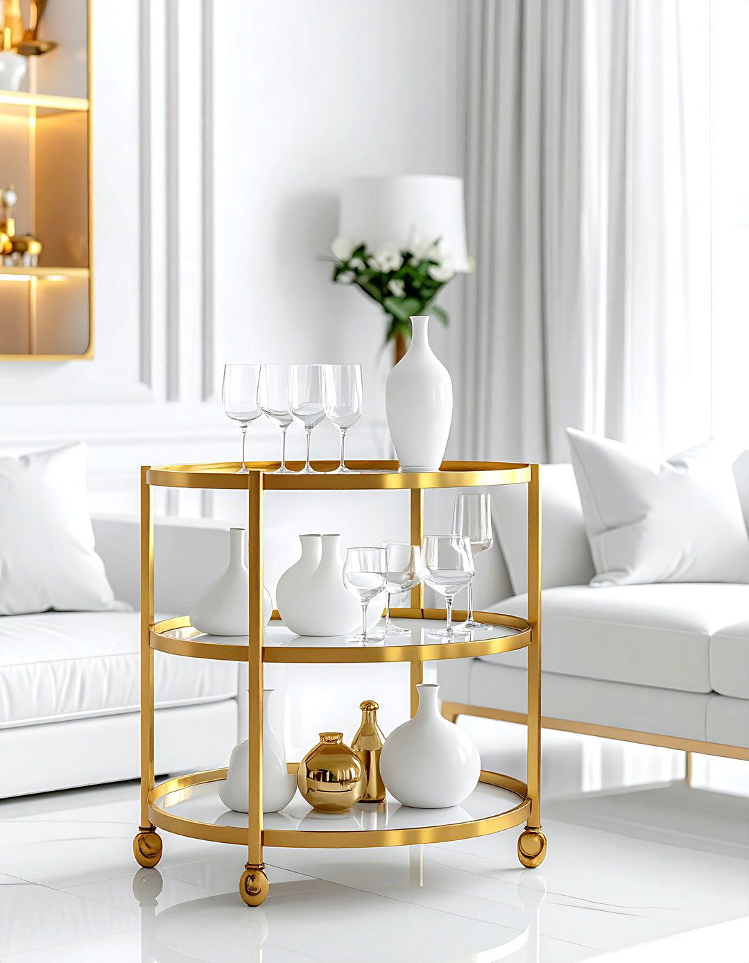 Gold bar cart white living room - 30 gold and white living room ideas