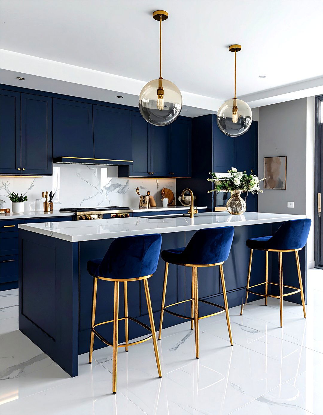 Gold bar stools for navy kitchen - 30 navy and gold kitchen ideas
