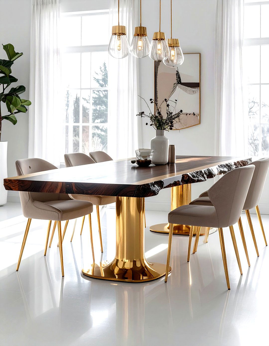 Gold base live edge table - 30 live edge dining table ideas