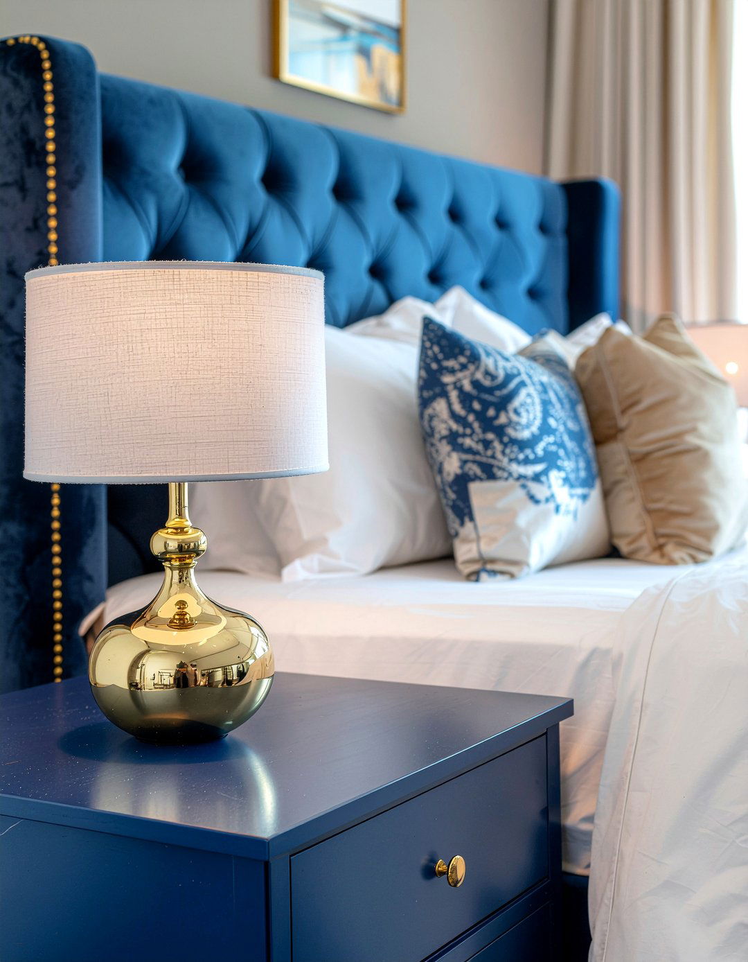 Gold bedside lamps - 30 navy and gold bedroom ideas
