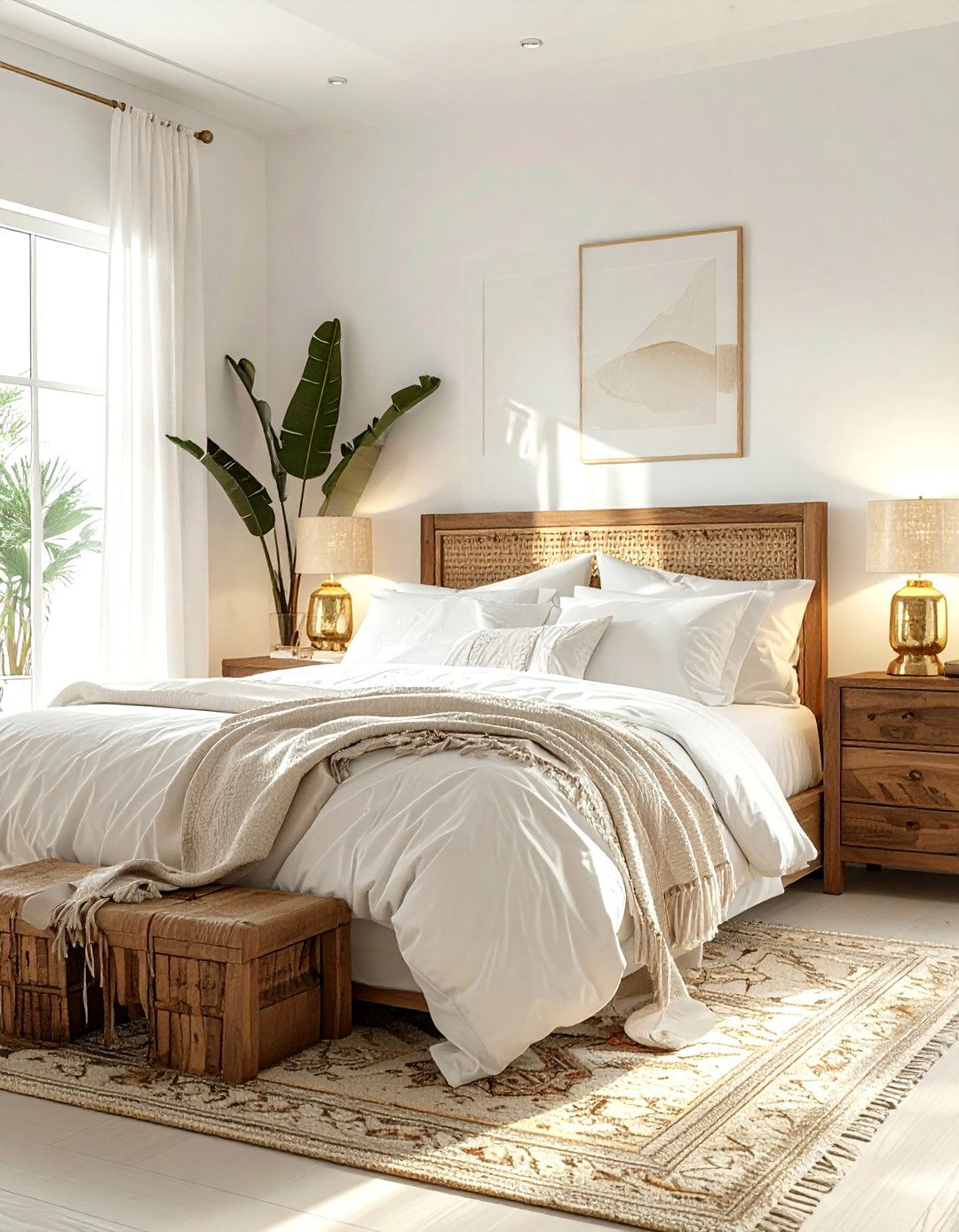 Gold bedside lamps - 30 bohemian white bedroom ideas