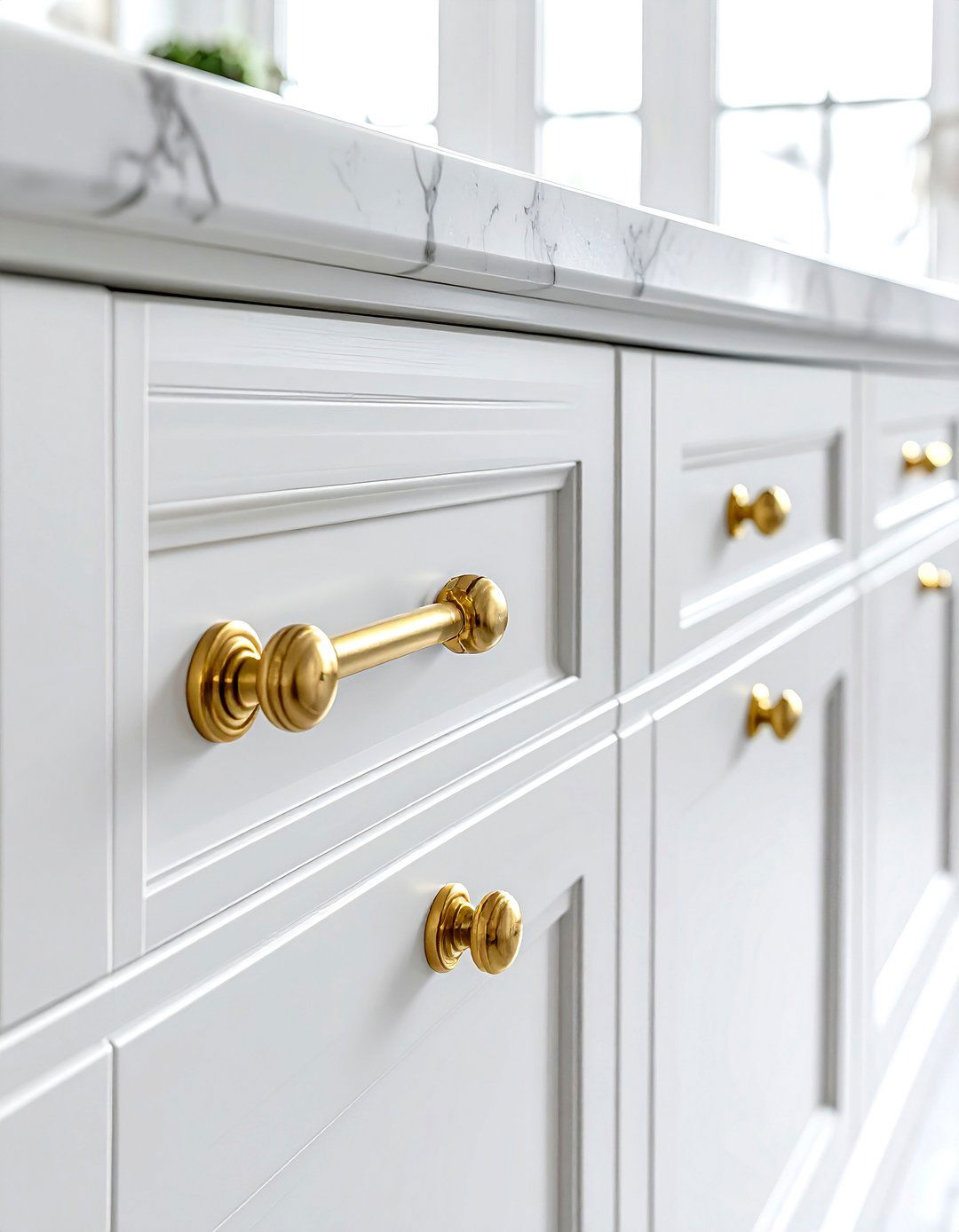 Gold cabinet handles kitchen - 30 gold and white kitchen ideas