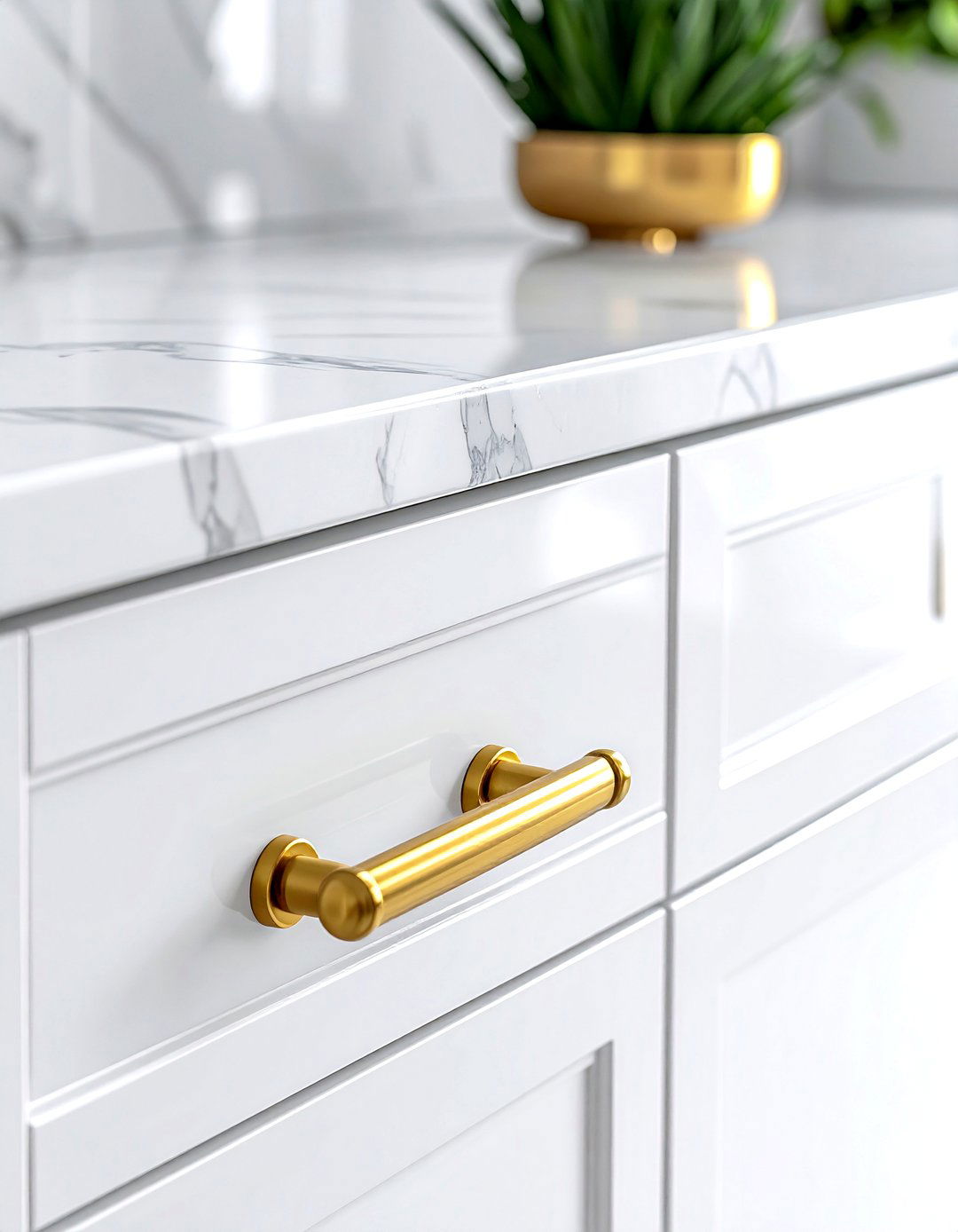 Gold cabinet hardware - 30 white kitchen decor ideas