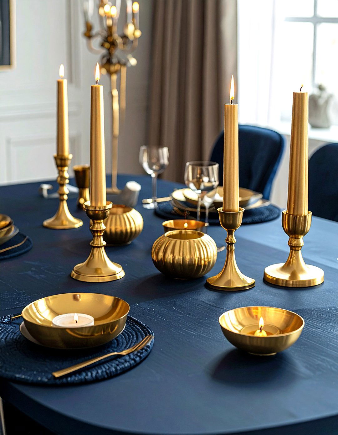 Gold candle holders navy dining table - 30 navy and gold dining room ideas