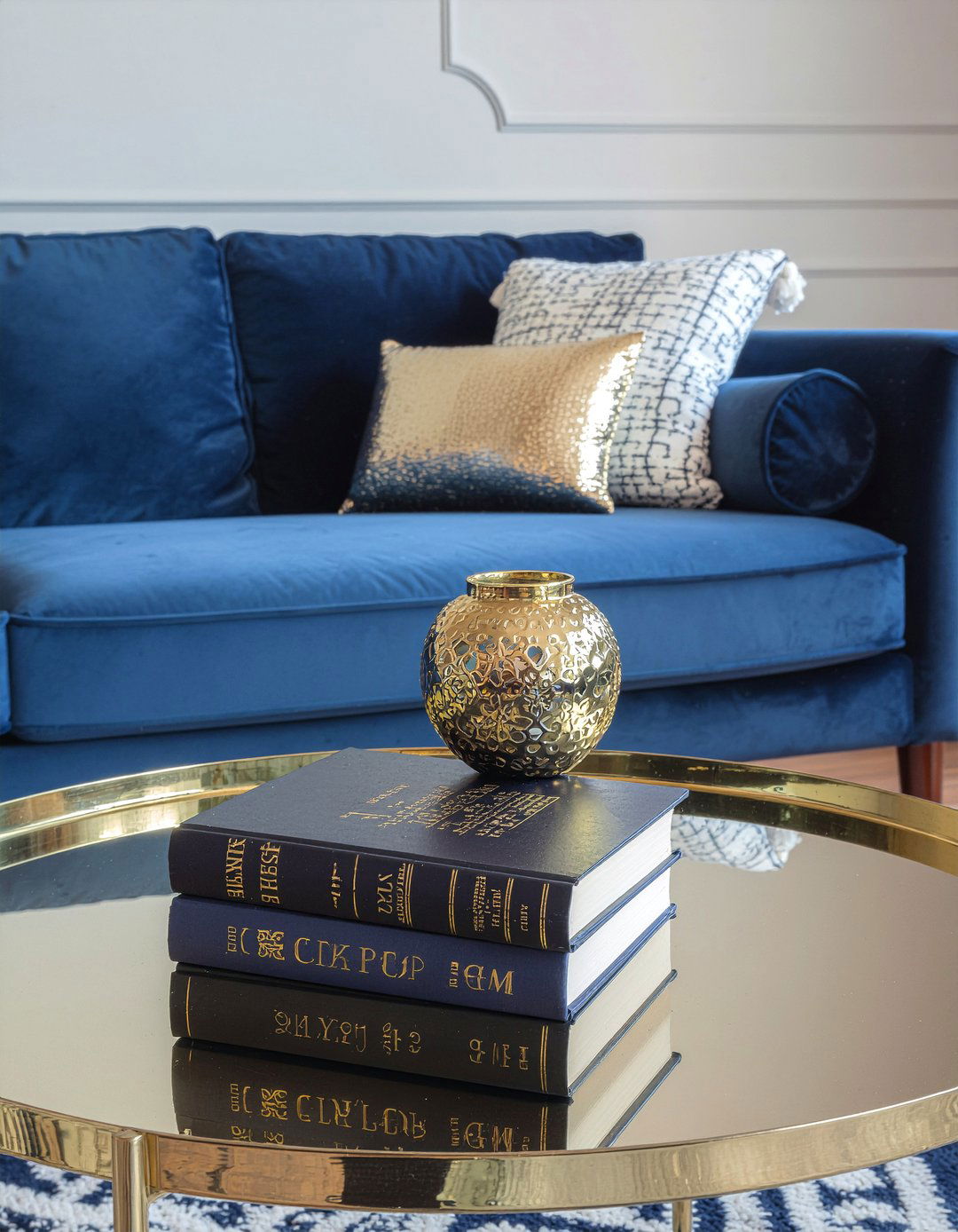 Gold coffee table for navy living room - 30 navy and gold living room ideas