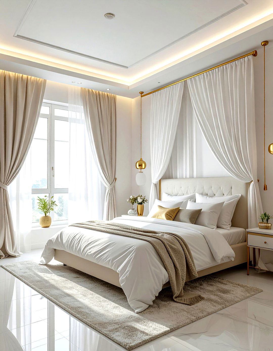 Gold curtain rod white curtains bedroom - 30 gold and white bedroom ideas