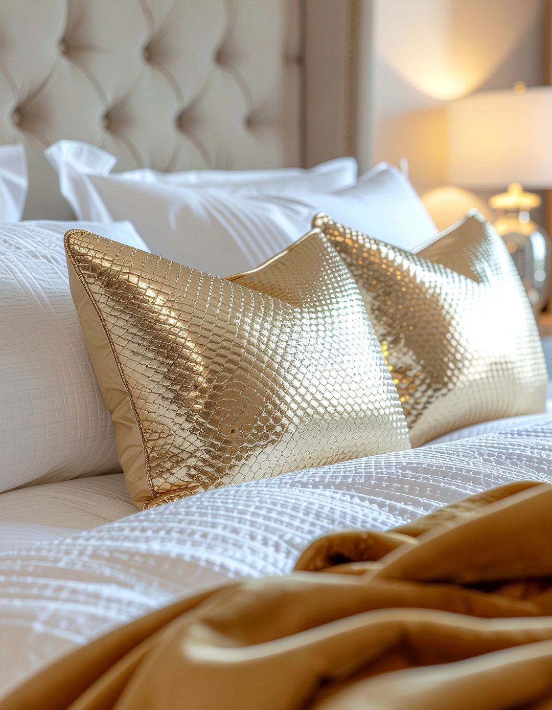 Gold decorative pillows - 30 gold accent bedroom ideas