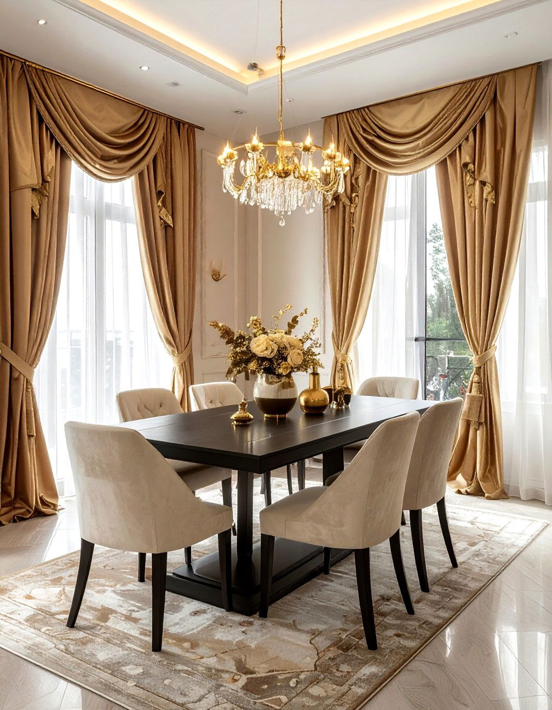 Gold dining room window treatments - 30 floor length curtain dining room ideas