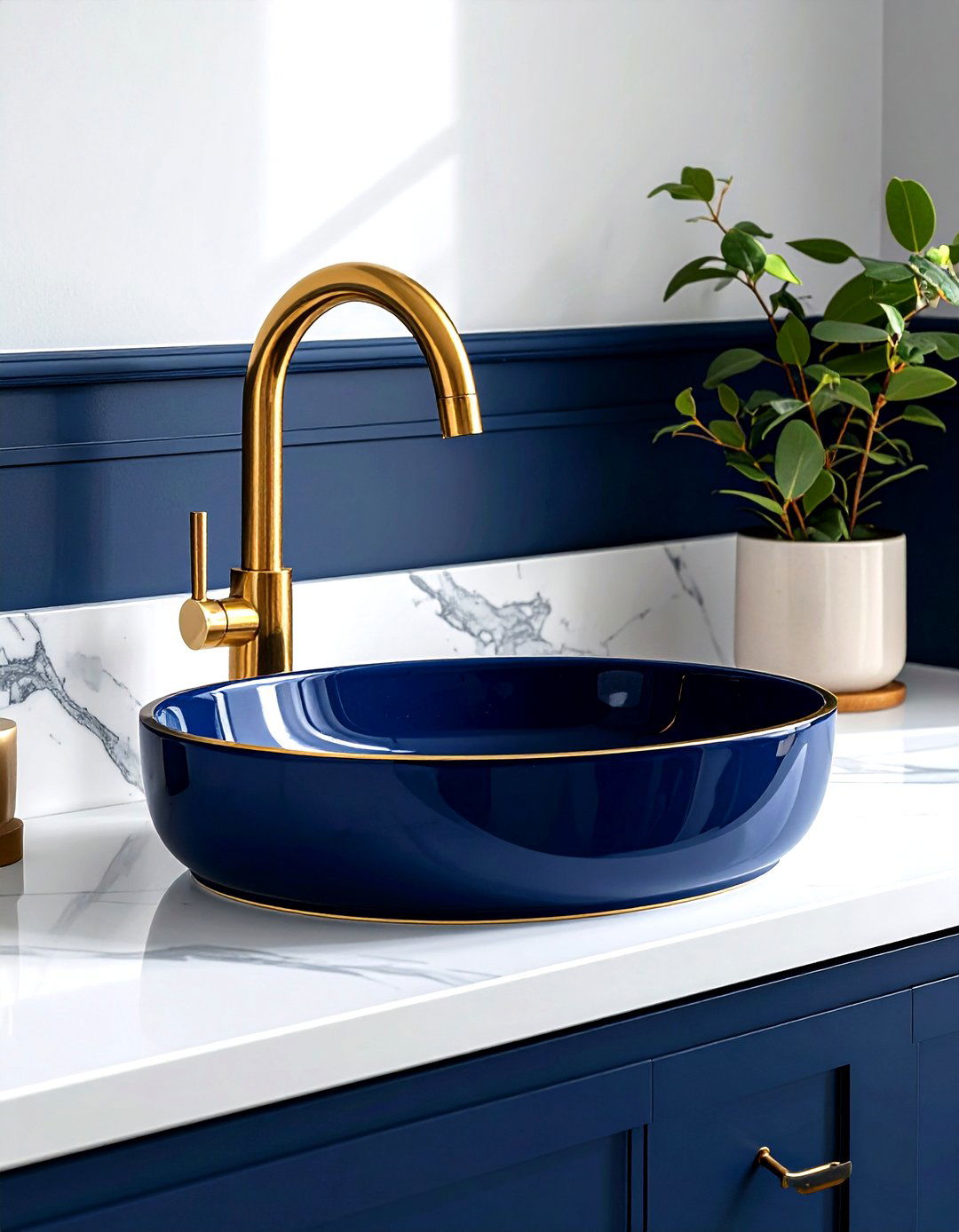 Gold faucet navy sink - 30 navy and gold bathroom ideas