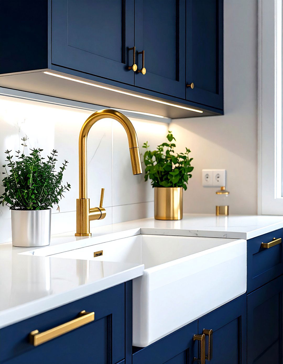 Gold faucet with navy cabinets - 30 navy and gold kitchen ideas
