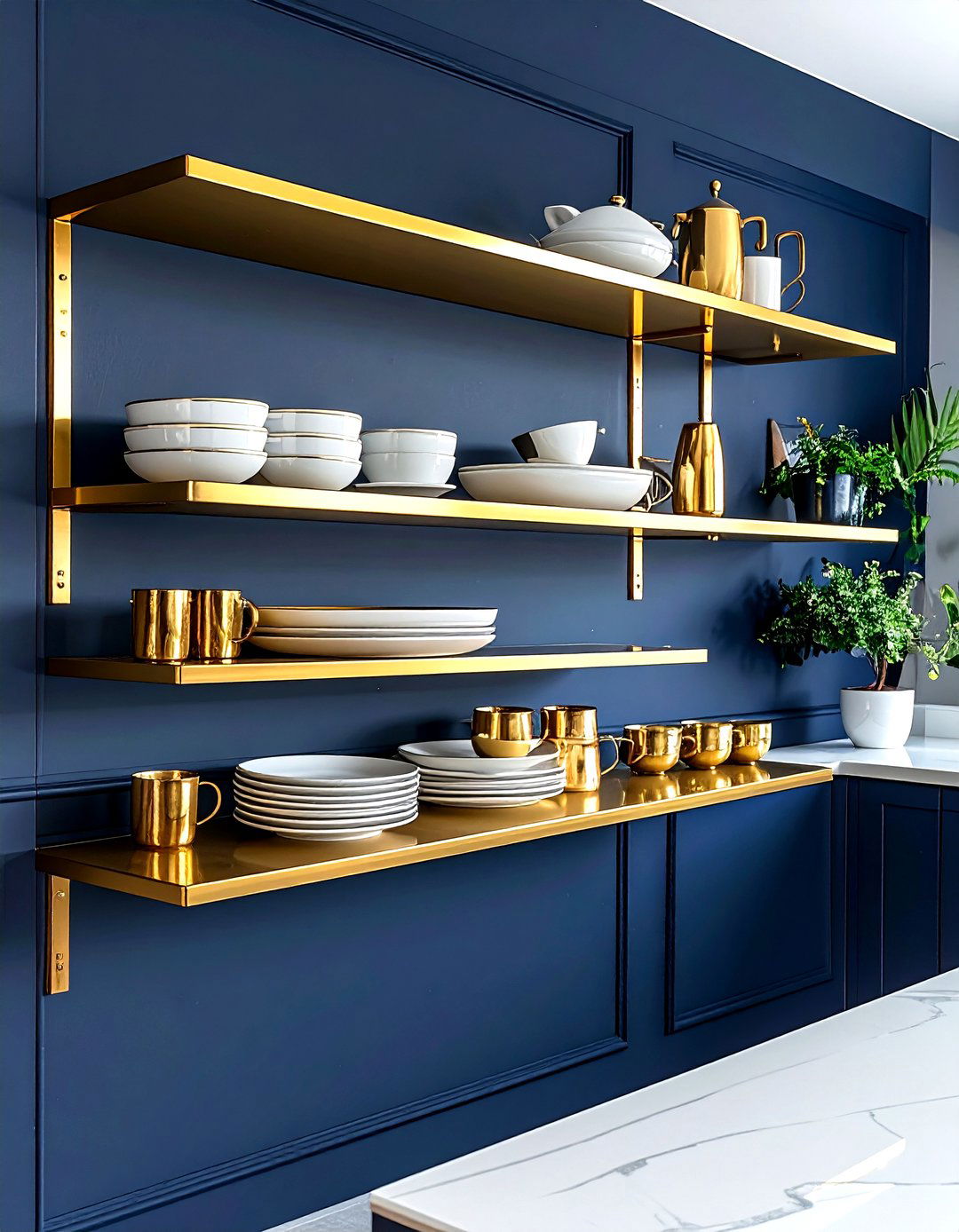 Gold floating shelves in navy kitchen - 30 navy and gold kitchen ideas