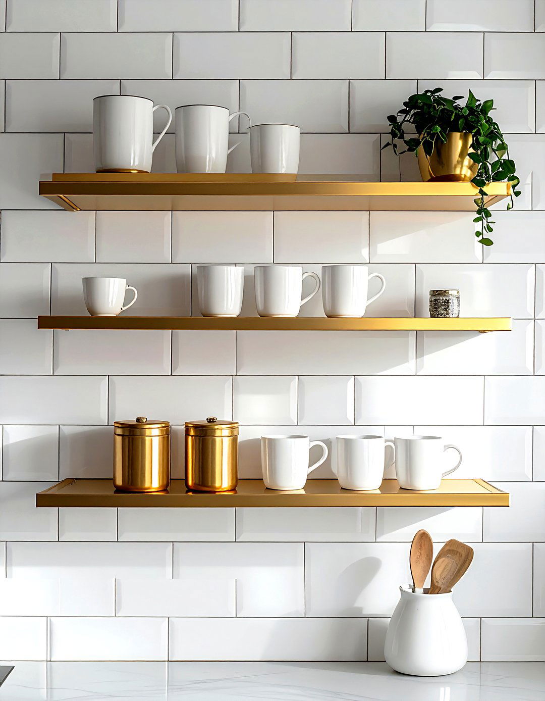 Gold floating shelves kitchen - 30 gold and white kitchen ideas
