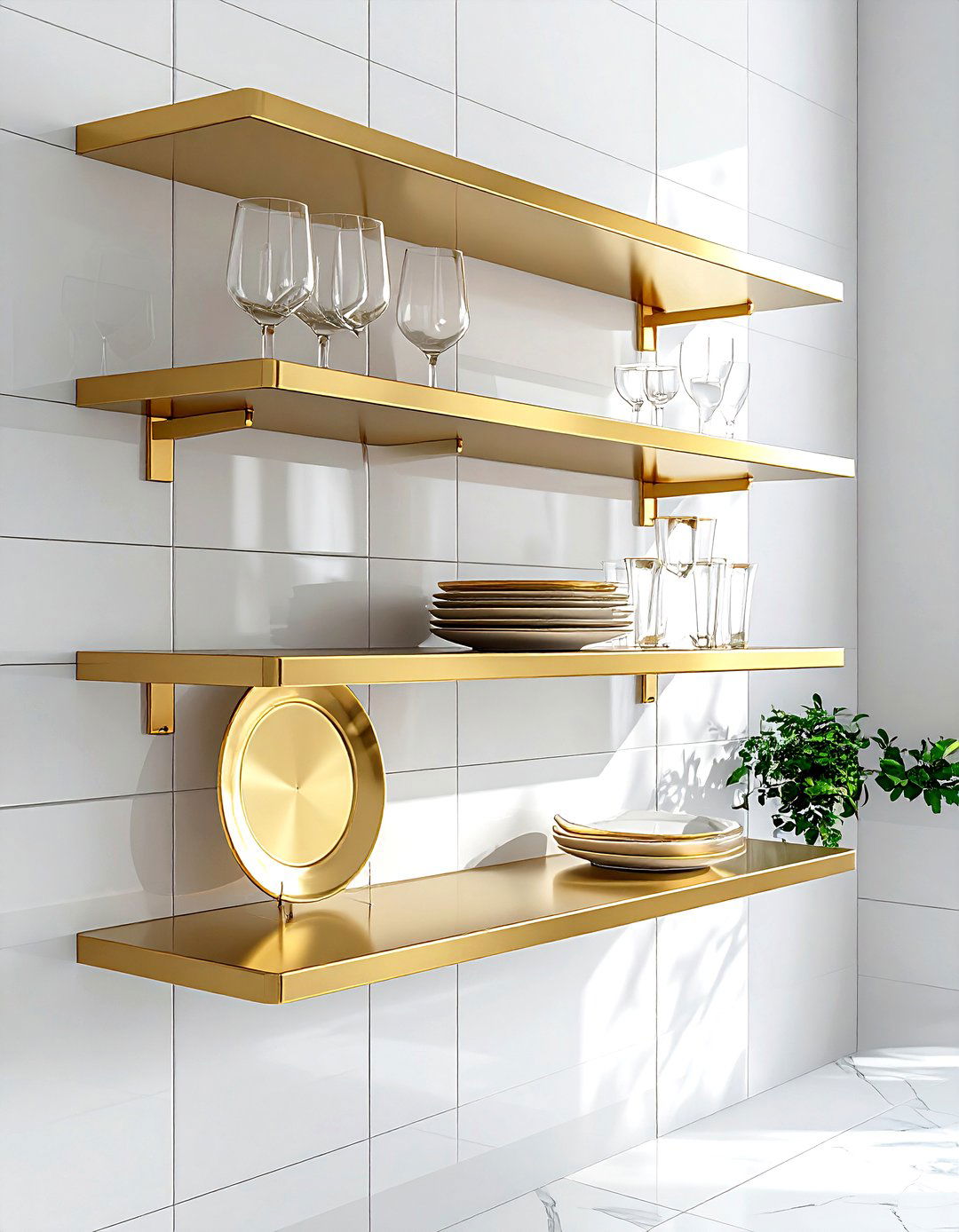 Gold floating shelves - 30 gold kitchen decor ideas
