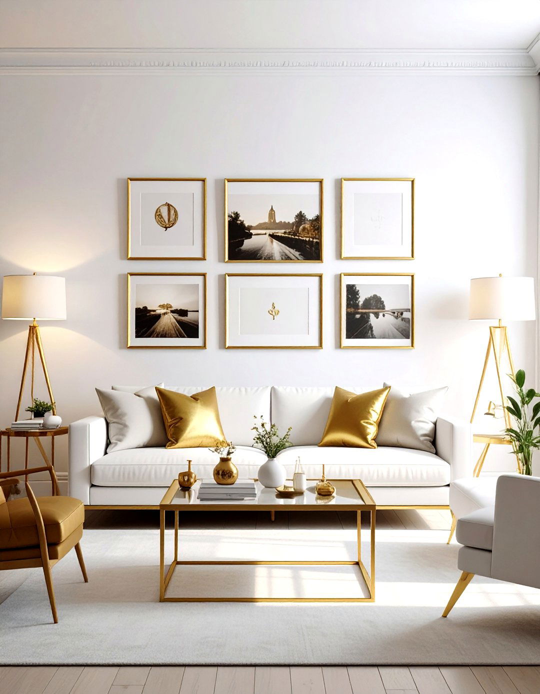 Gold frame gallery wall white living room - 30 gold and white living room ideas