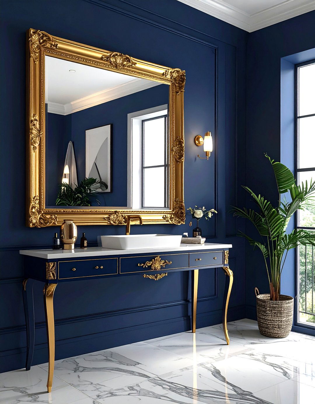 Gold frame mirror navy wall - 30 navy and gold bathroom ideas