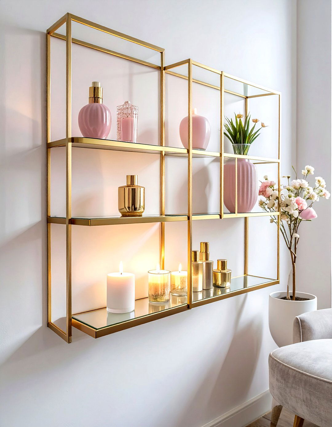 Gold frame wall shelves - 30 bathroom wall shelving ideas