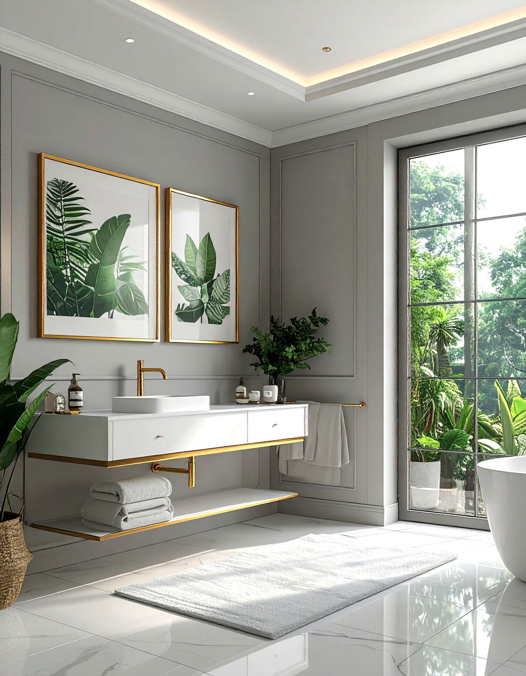 Gold framed artwork - 30 gold bathroom decor ideas