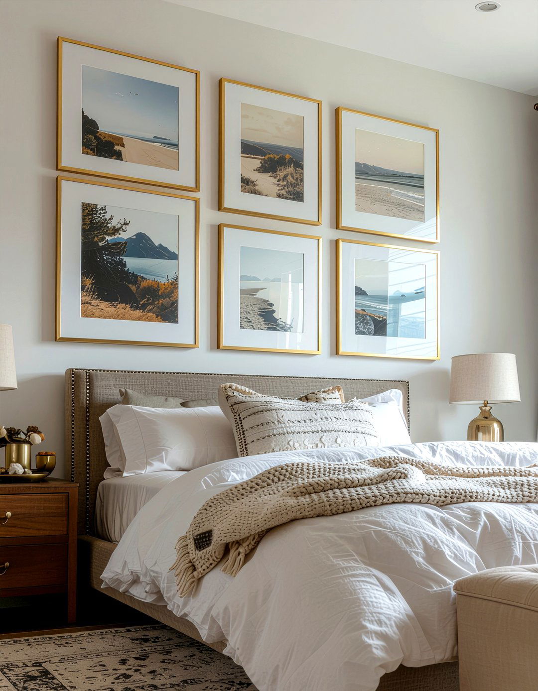 Gold framed gallery wall - 30 gold accent bedroom ideas