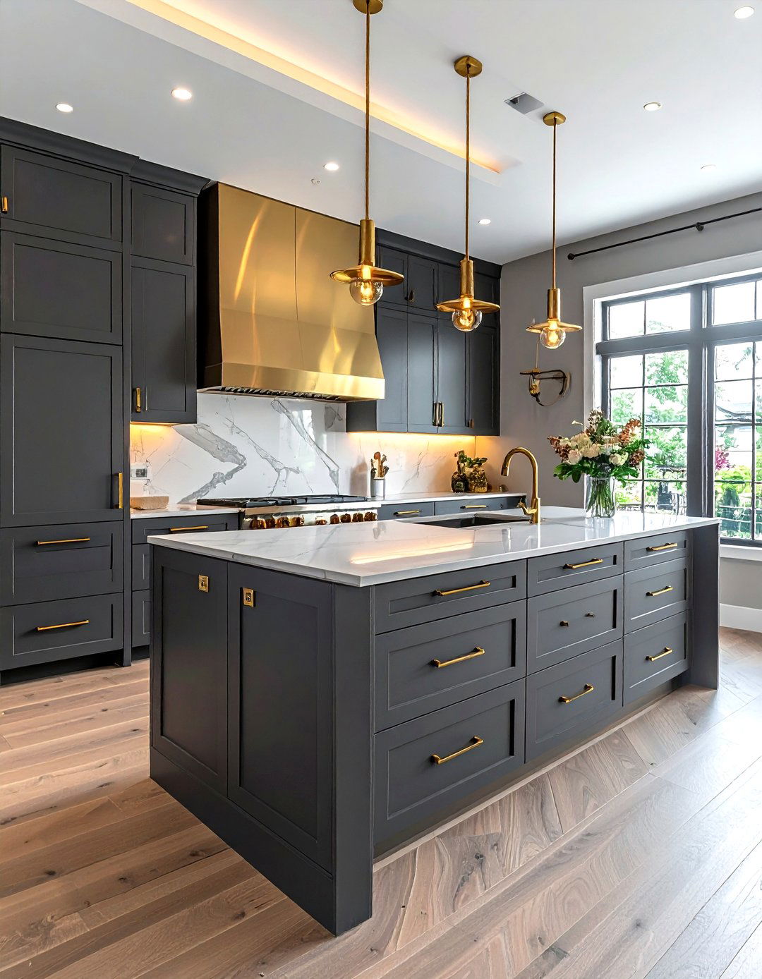 Gold hardware slab cabinets - 30 flat panel kitchen cabinet ideas