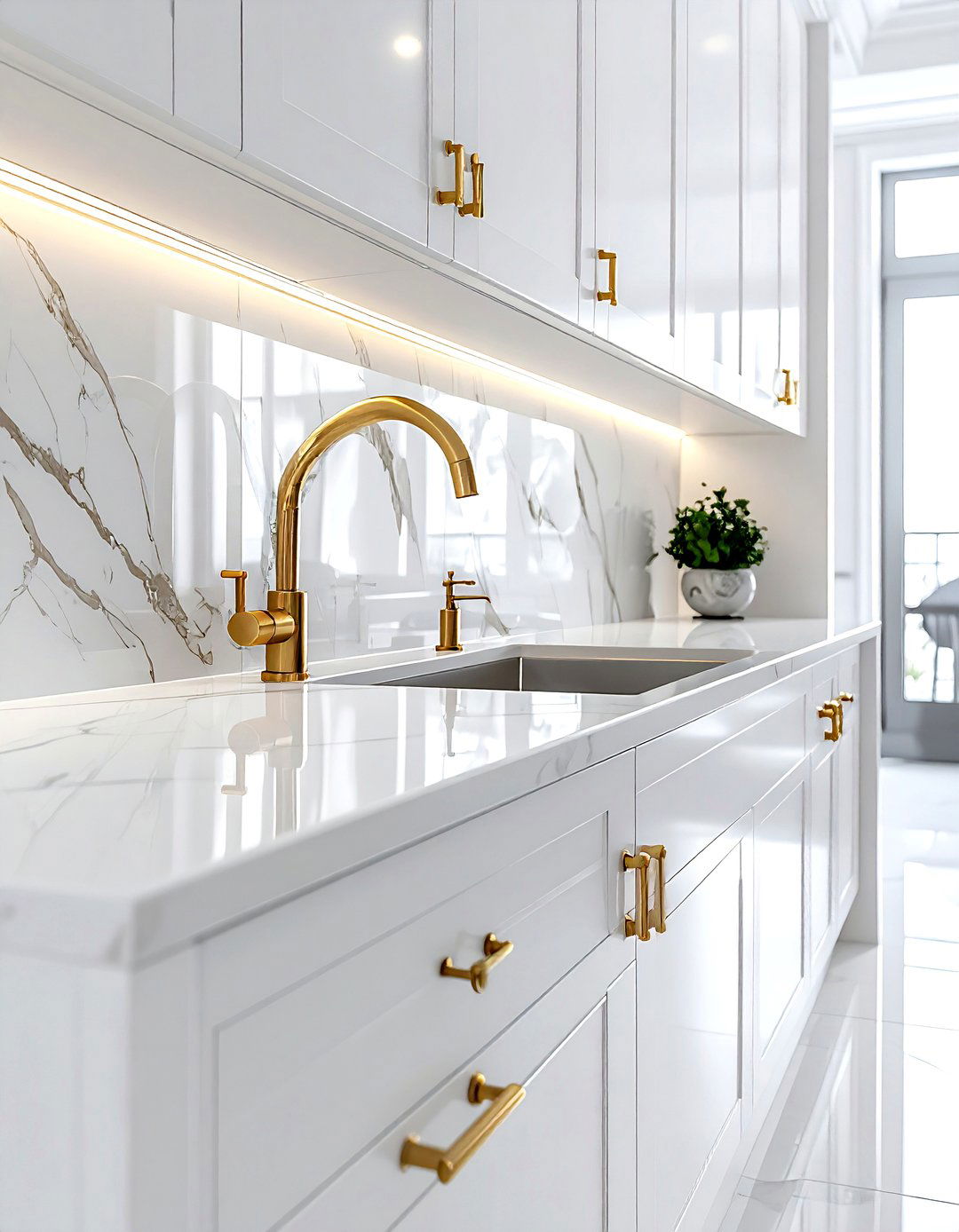 Gold hardware white quartz kitchen - 30 Caesarstone kitchen ideas