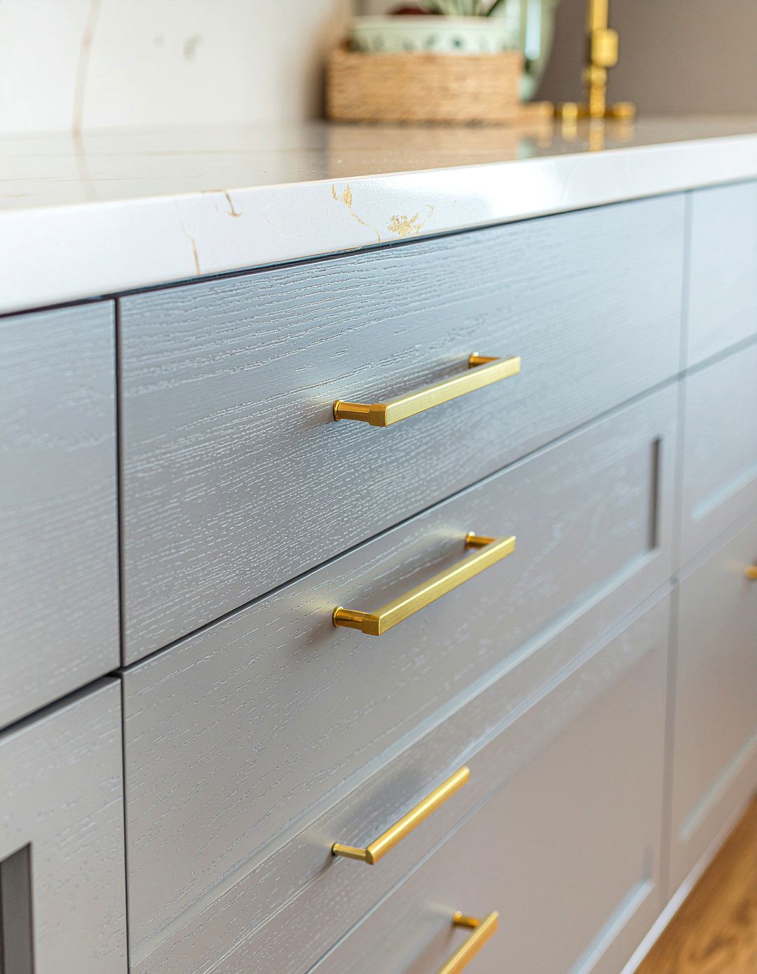 Gold hardware with quartz countertops - 30 gold kitchen hardware ideas