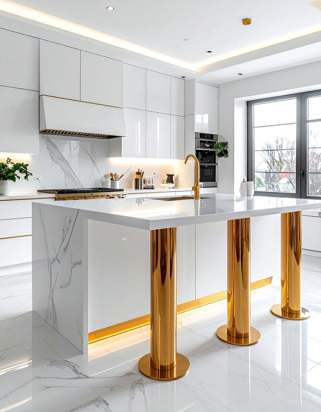 Gold island legs - 30 gold kitchen decor ideas