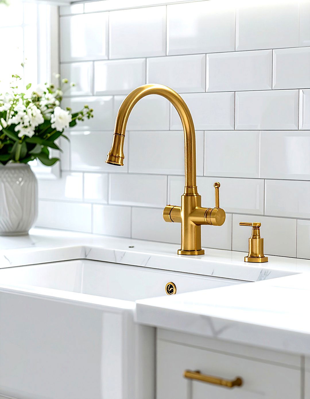 Gold kitchen faucet white sink - 30 gold and white kitchen ideas