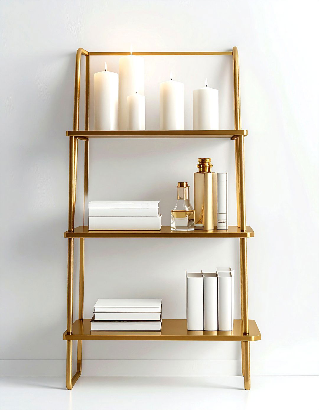 Gold ladder shelf - 30 living room ladder shelf ideas