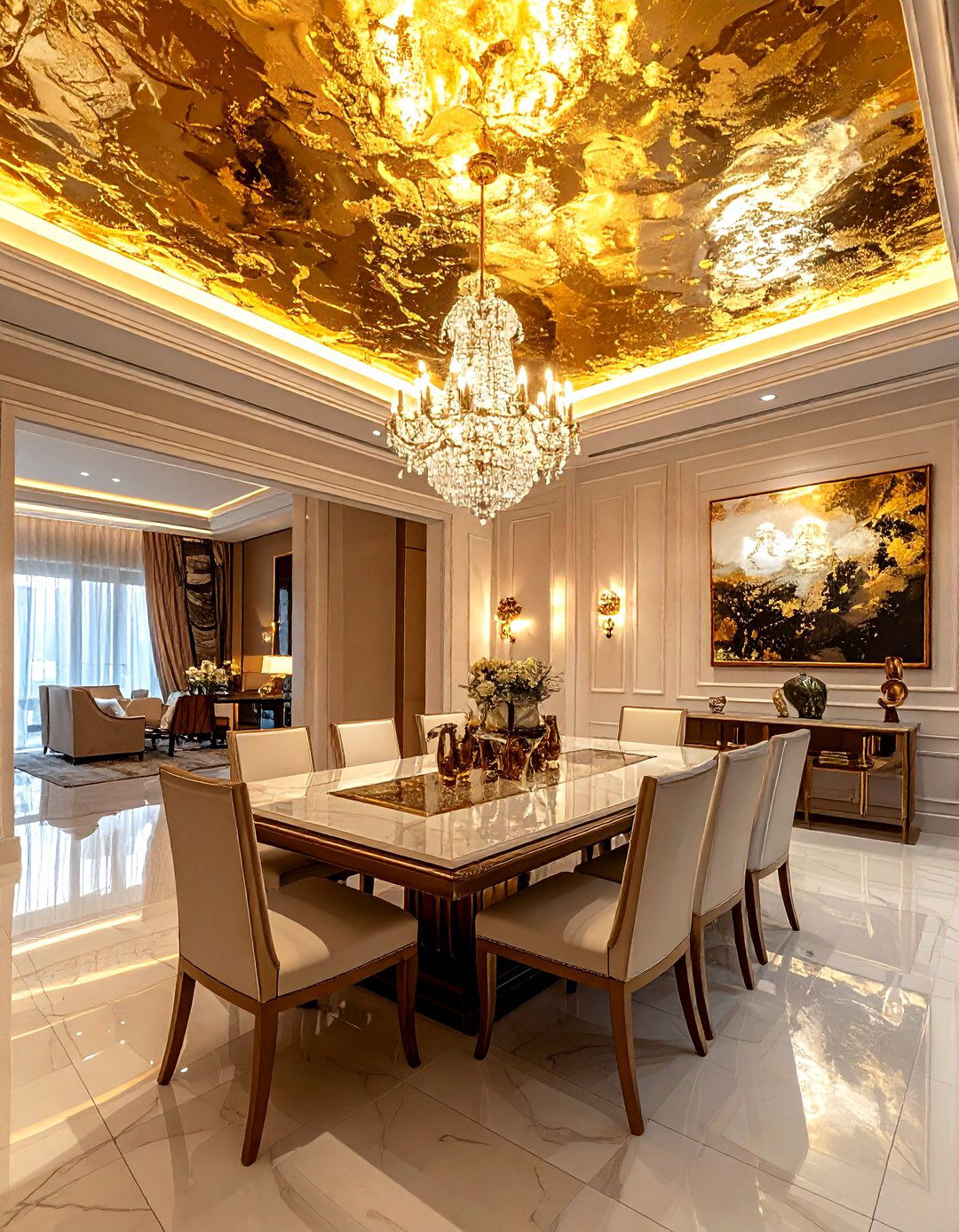Gold leaf ceiling - 30 gold dining room decor ideas