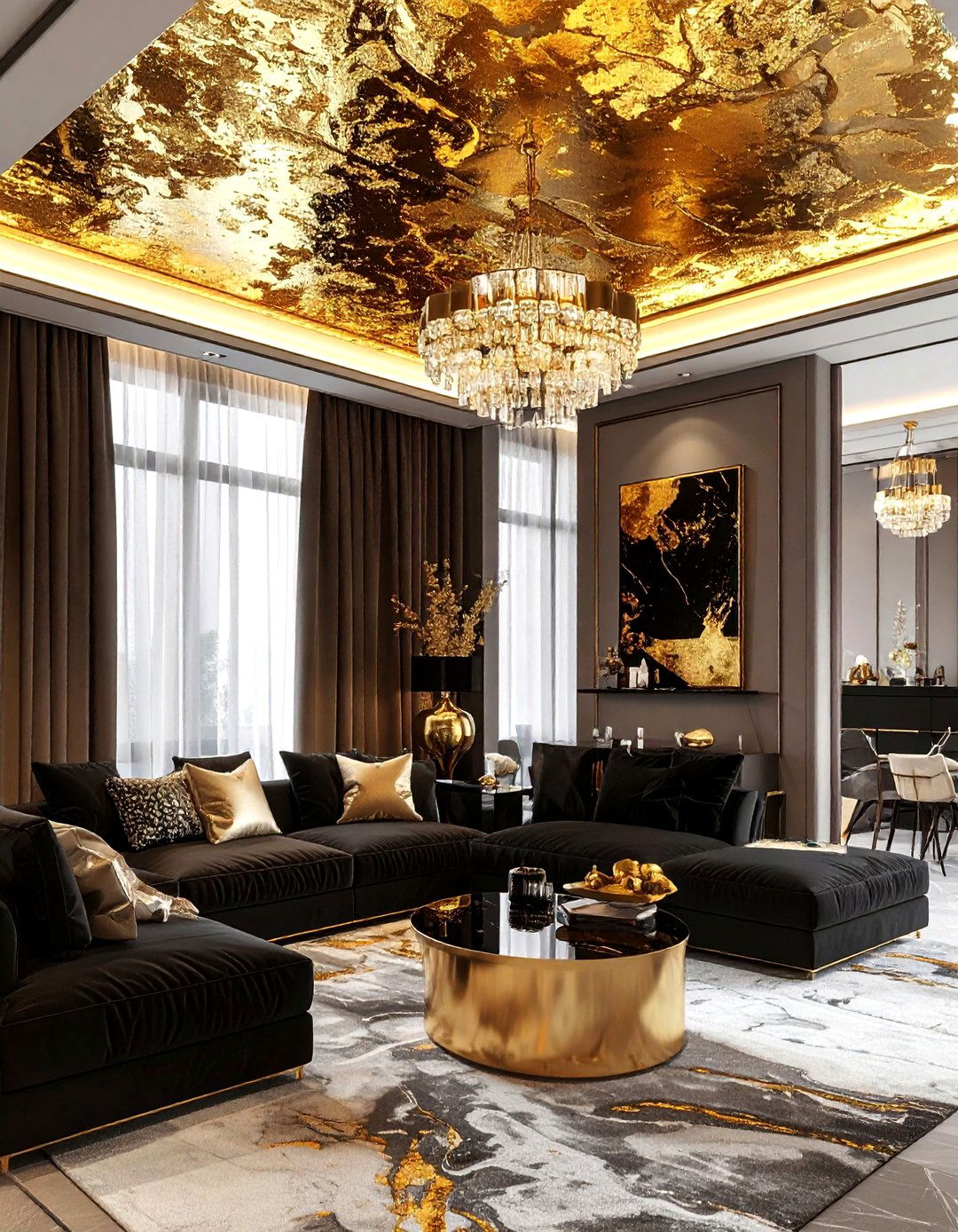 Gold leaf ceiling finish - 30 living room textured ceiling ideas